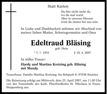 Traueranzeige von Edeltraud Bläsing von Tageszeitung