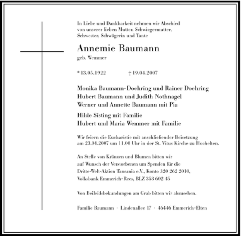  Traueranzeige für Annemie Baumann vom 21.04.2007 aus Tageszeitung