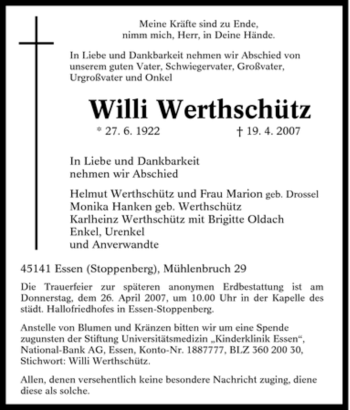 Traueranzeige von Willi Werthschütz von Tageszeitung