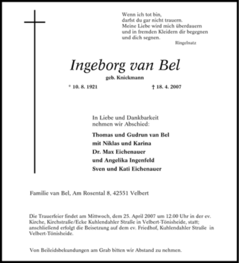 Traueranzeige von Ingeborg van Bel von Tageszeitung