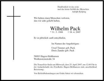 Traueranzeige von Wilhelm Pack von Tageszeitung