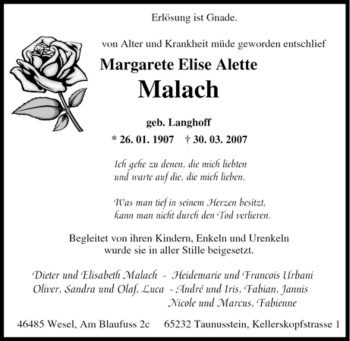 Traueranzeige von Margarete Elise Alette Malach von Tageszeitung
