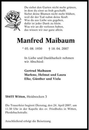 Traueranzeige von Manfred Maibaum von Tageszeitung