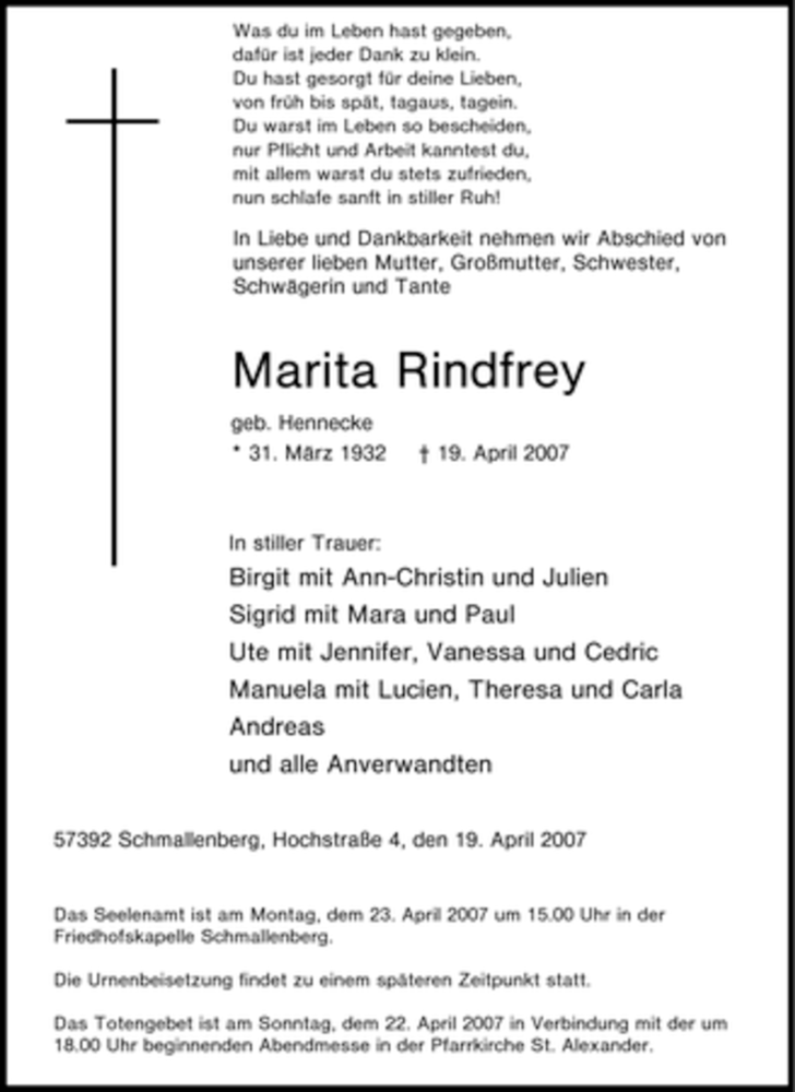  Traueranzeige für Marita Rindfrey vom 21.04.2007 aus Tageszeitung