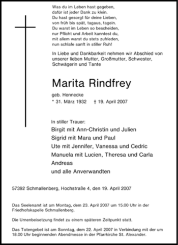 Traueranzeige von Marita Rindfrey von Tageszeitung