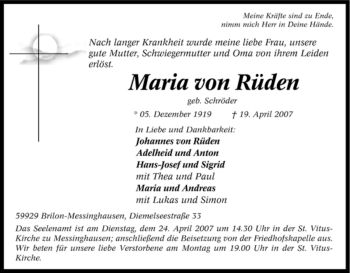 Traueranzeige von Maria von Rüden von Tageszeitung