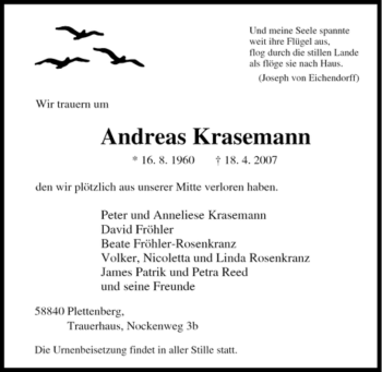 Traueranzeige von Andreas Krasemann von Tageszeitung