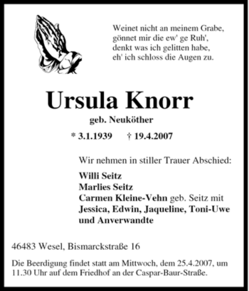 Traueranzeige von Ursula Knorr von Tageszeitung