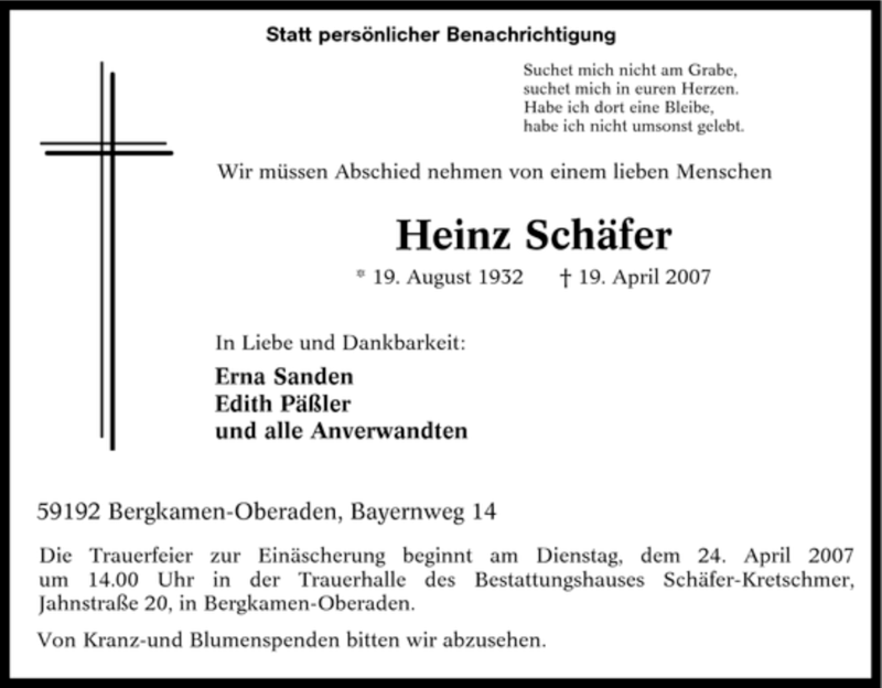  Traueranzeige für Heinz Schäfer vom 21.04.2007 aus Tageszeitung