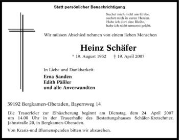 Traueranzeige von Heinz Schäfer von Tageszeitung