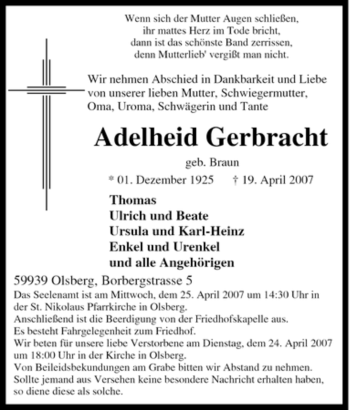 Traueranzeige von Adelheid Gerbracht von Tageszeitung