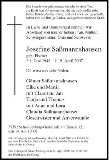Traueranzeige von Josefine Saßmannshausen von Tageszeitung