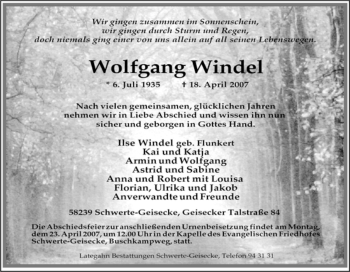 Traueranzeige von Wolfgang Windel von Tageszeitung