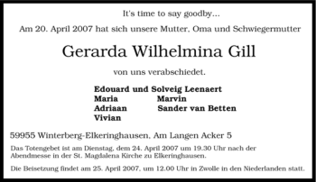 Traueranzeige von Gerarda Wilhelmina Gill von Tageszeitung