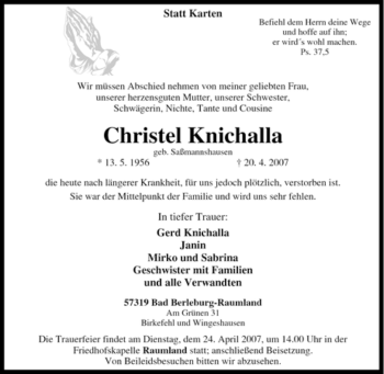 Traueranzeige von Christel Knichalla von Tageszeitung