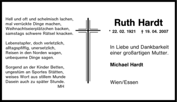 Traueranzeige von Ruth Hardt von Tageszeitung