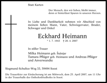 Traueranzeige von Eckhard Heimann von Tageszeitung