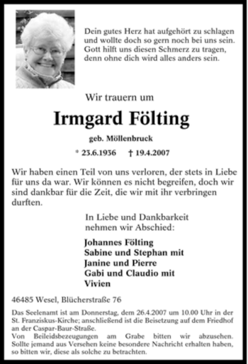 Traueranzeige von Irmgard Fölting von Tageszeitung
