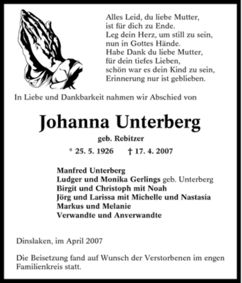 Traueranzeige von Johanna Unterberg von Tageszeitung