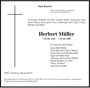 Traueranzeige von Herbert Müller von Tageszeitung