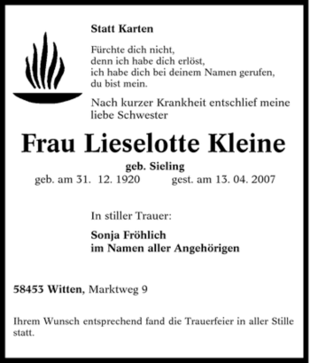 Traueranzeige von Lieselotte Kleine von Tageszeitung
