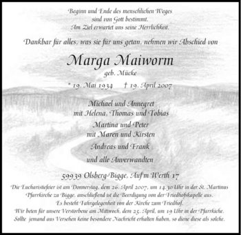 Traueranzeige von Marga Maiworm von Tageszeitung