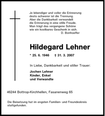 Traueranzeige von Hildegard Lehner von Tageszeitung