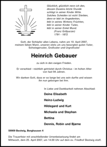 Traueranzeige von Heinrich Gebauer von Tageszeitung