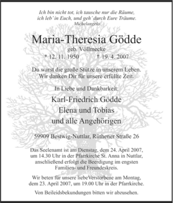 Traueranzeige von Maria-Theresia Gödde von Tageszeitung