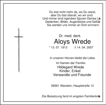 Traueranzeige von Aloys Wrede von Tageszeitung