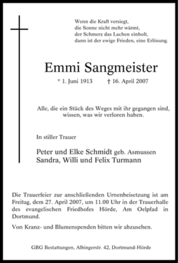 Traueranzeige von Emmi Sangmeister von Tageszeitung