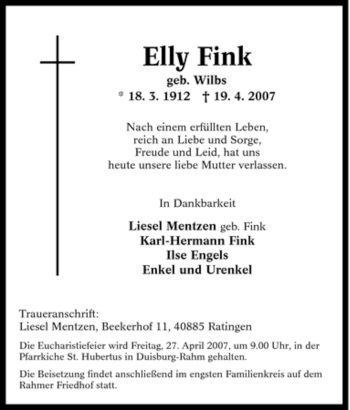 Traueranzeige von Elly Fink von Tageszeitung