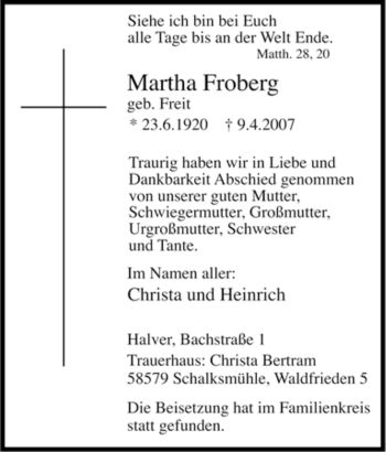 Traueranzeige von Martha Froberg von Tageszeitung
