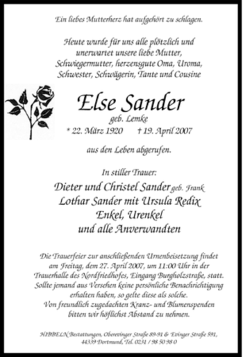 Traueranzeige von Else Sander von Tageszeitung