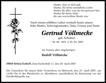Traueranzeige von Gertrud Völlmecke von Tageszeitung