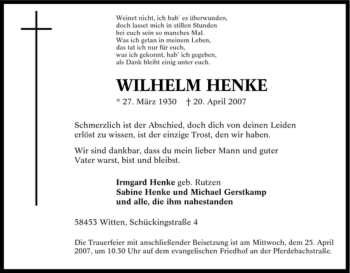 Traueranzeige von Wilhelm Henke von Tageszeitung