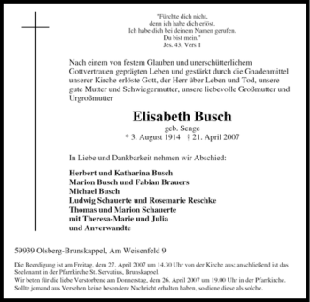 Traueranzeige von Elisabeth Busch von Tageszeitung
