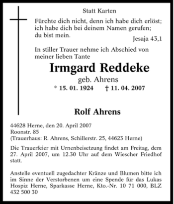 Traueranzeige von Irmgard Reddeke von Tageszeitung