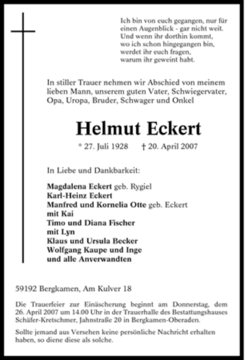 Traueranzeige von Helmut Eckert von Tageszeitung