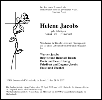 Traueranzeige von Helene Jacobs von Tageszeitung