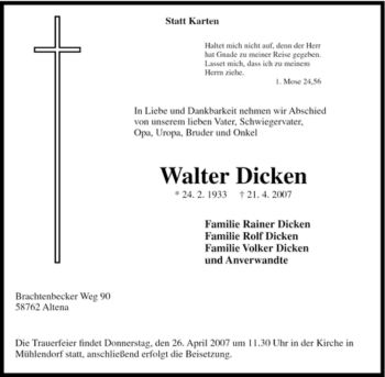 Traueranzeige von Walter Dicken von Tageszeitung