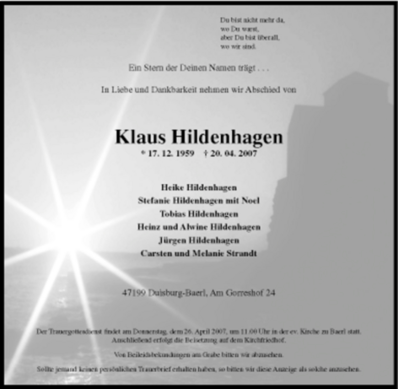  Traueranzeige für Klaus Hildenhagen vom 23.04.2007 aus Tageszeitung