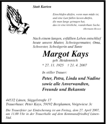 Traueranzeige von Margot Kays von Tageszeitung