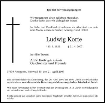 Traueranzeige von Ludwig Korte von Tageszeitung