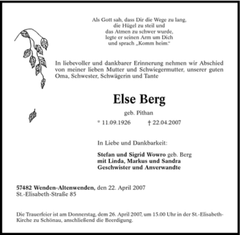 Traueranzeige von Else Berg von Tageszeitung