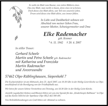 Traueranzeige von Elke Rademacher von Tageszeitung