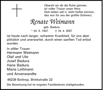 Traueranzeige von Renate Weimann von Tageszeitung