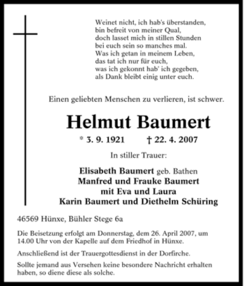 Traueranzeige von Helmut Baumert von Tageszeitung