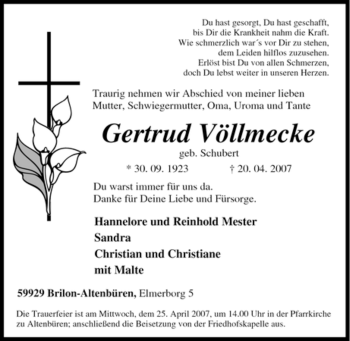 Traueranzeige von Gertrud Völlmecke von Tageszeitung