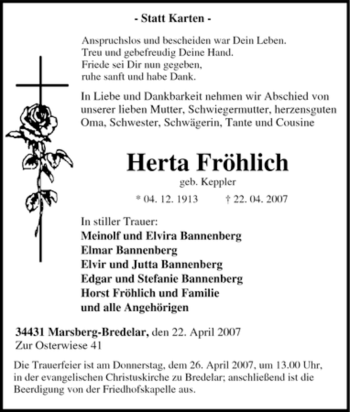 Traueranzeige von Herta Fröhlich von Tageszeitung